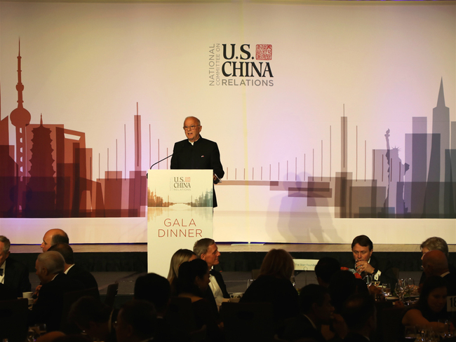 Stephen Orlins, President of the  National Committee on U.S.-China Relations speaks at the annual gala dinner of the New York City-based U.S. National Committee on U.S.-China Relations (NCUSCR) in the United States, Nov. 14, 2019. [Photo: China Plus/Qian Shanming]