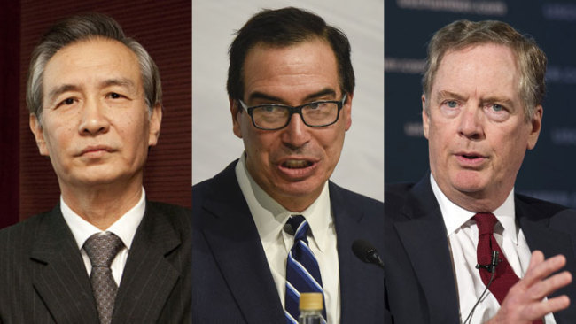 Chinese Vice Premier Liu He (L), U.S. Treasury Secretary Steven Mnuchin (C) and Trade Representative Robert Lighthizer [File Photo: China Plus]