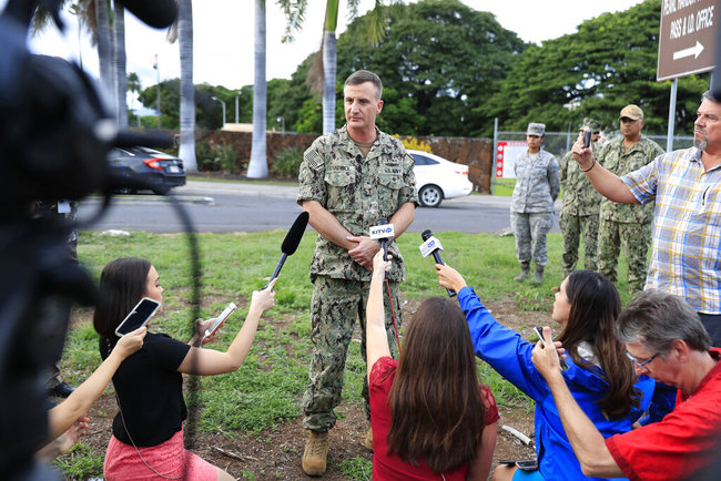 U.S. Navy Rear Adm. Robb Chadwick speaks to the media at the main gate at Joint Base Pearl Harbor-Hickam, Wednesday, Dec. 4, 2019, in Hawaii, following a shooting. [Photo: AP]