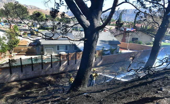 A firefighter sprays waters a charred hillside near homes and the 118 Freeway in Simi Valley, California on October 30, 2019 after the so-called Yosemite Fire began in Simi Valley east of where the early morning 'Easy Fire' fire erupted. [Photo: AFP]