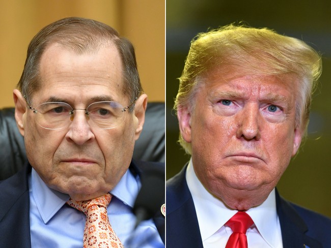 This combination of file pictures created on December 1, 2019 shows Chairman of the House Judiciary Committee, US Representative Jerry Nadler waiting during a hearing on the Mueller report in Washington, DC, on May 21, 2019 and US President Donald Trump during a tour of the Flextronics computer manufacturing facility in Austin, Texas, on November 20, 2019. [Photo: MANDEL NGAN/AFP]