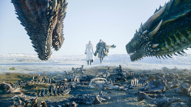 This image released by HBO shows Emilia Clarke, left, and Kit Harington in a scene from the final episode of "Game of Thrones." [Photo: AP]