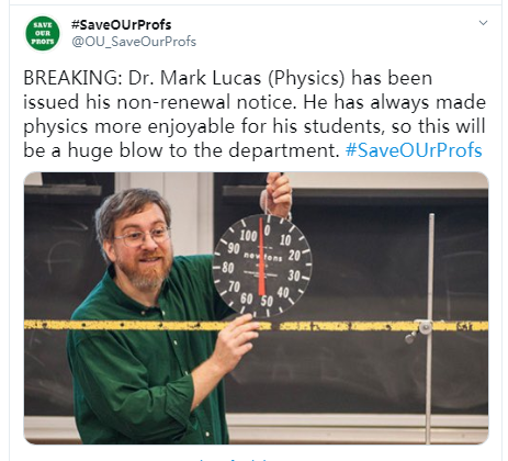Účet Twitter s názvem SaveOurProfs zveřejnil zprávy o neobnovení úvazku Dr. Mark Lucase. / Screenshot Twitter