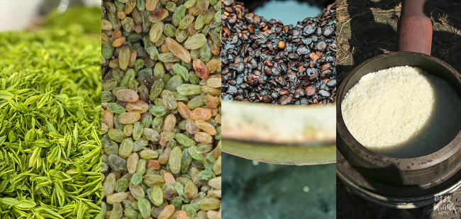 Produkty zeměpisných označení Číny, jako jsou rýže z Wuchangu (Wu-čchang), bílý čaj z Anji (An-ťi), hrozinky z Turpanu a další.