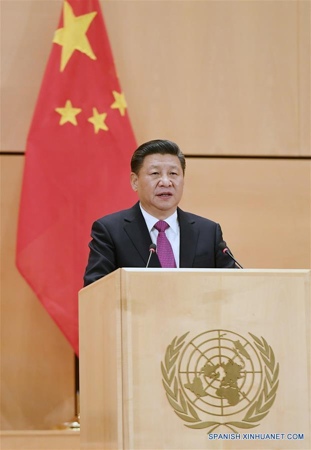 Xi Jinping pronuncia el discurso de apertura titulado "Trabajar Juntos para Construir una Comunidad de Futuro Compartido para la Humanidad" en la Oficina de la Organización de las Naciones Unidas (ONU) en Ginebra, Suiza, el 18 de enero de 2017. (Xinhua/Rao Aimin)