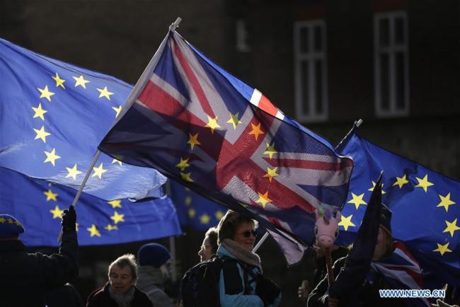  Des manifestants favorables au maintien du Royaume-Uni dans l'Union européenne (UE) brandissent des drapeaux de l'UE et du Royaume-Uni devant le siège du Parlement (Palais de Westminster) à Londres, au Royaume-Uni, le 16 janvier 2018. (Photo : Tim Ireland)
