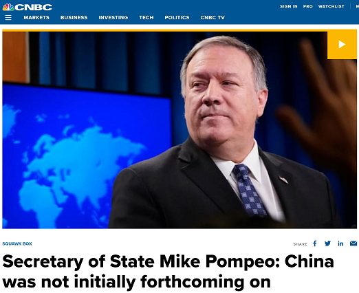 6 марта госсекретарь США Майк Помпео в интервью американскому телеканалу CNBC заявил, что предоставленные Китаем Соединенным Штатам данные об источнике нового коронавируса, «несовершенны», в результате чего, сказал он, США не могли своевременно отреагировать на вспышку и попали в крайне сложную ситуацию. (Источник: CNBC)