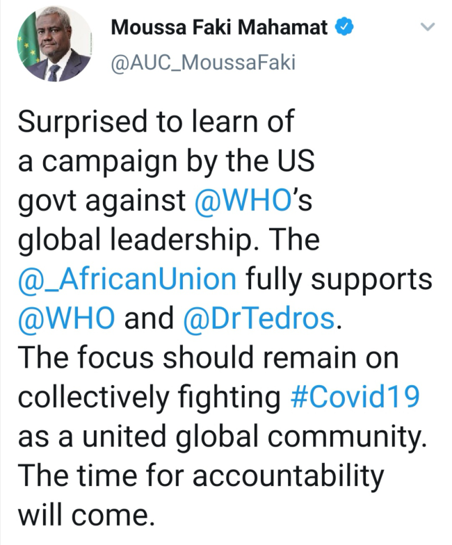 8 апреля председатель Африканского союза  Муса Факи Мухаммед в своем Твиттере выступил против нападок на ВОЗ и выразил слова поддержки генеральному директору организации Тедросу Адханому Гебрейесусу.<br><br>
