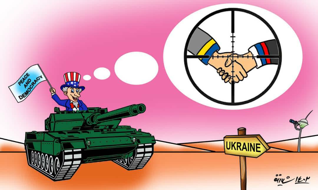 کاریکاتور| هجوم ماشین جنگی دموکراسی آمریکایی به صلح در اروپا