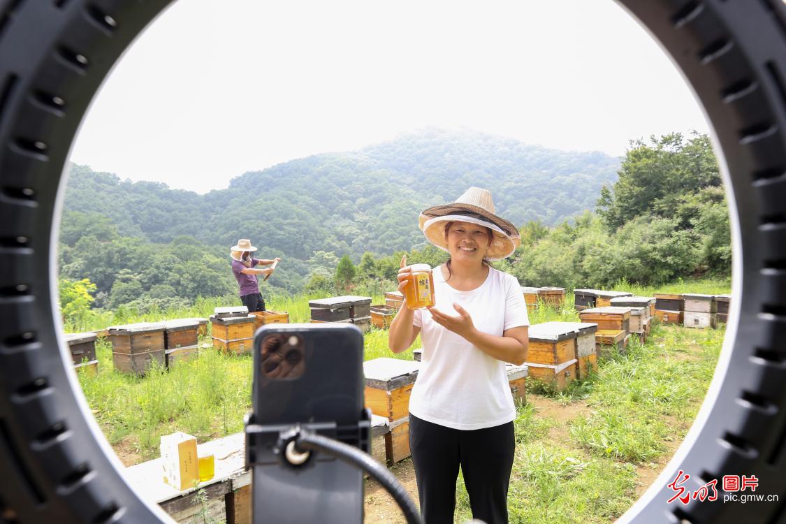 Ένας μελισσοκόμος προωθεί προϊόντα μέσω μιας πλατφόρμας ζωντανής μετάδοσης στο Διαδίκτυο βαθιά στα βουνά Ταϊχάνγκ της κομητείας Λιντσένγκ, στην πόλη Σινγκτάι, της επαρχίας Χεμπέι της βόρειας Κίνας, σε φωτογραφία από τις 31 Ιουλίου 2022.