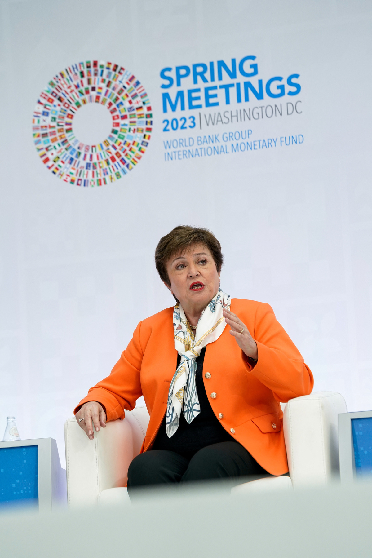 Drejtoresha Menaxhuese e Fondit Monetar Ndërkombëtar (FMN) Kristalina Georgieva flet gjatë një paneli mbi ekonominë globale në Takimet e Pranverës 2023 të Grupit të Bankës Botërore dhe Fondit Monetar Ndërkombëtar në Uashington, SHBA, 13 prill 2023. [Foto/Agjencitë]