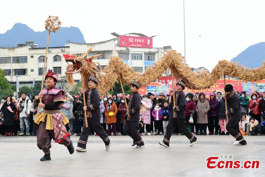 Οι χωρικοί εκτελούν τον χορό του δράκου από άχυρο για να γιορτάσουν το Έτος του Δράκου σε μια πλατεία του Λουοτσένγκ Μουλάμ κοντά στην πόλη Χετσί, της νοτιοδυτικής Κίνας, στην αυτόνομη περιοχή Γκουαγκσί Τζουάνγκ στις 24 Ιανουαρίου 2024. (Φωτογραφία: China News Service/Liao Guangfu)