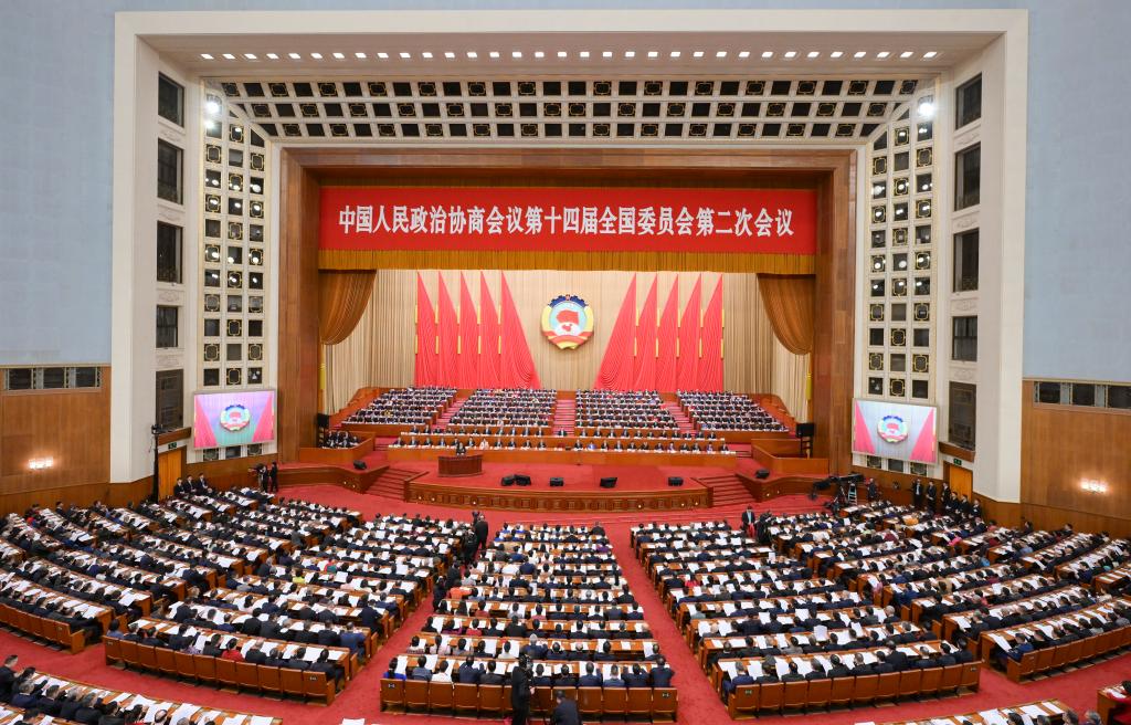 Η εναρκτήρια συνεδρίαση της δεύτερης συνόδου της 14ης Εθνικής Επιτροπής της Κινεζικής Λαϊκής Πολιτικής Συμβουλευτικής Διάσκεψης (CPPCC) πραγματοποιείται στο Μέγαρο του Λαού στο Πεκίνο, πρωτεύουσα της Κίνας, στις 4 Μαρτίου 2024. (Xinhua/Li He)